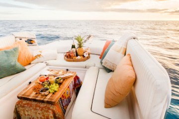 a tray of food on a beach